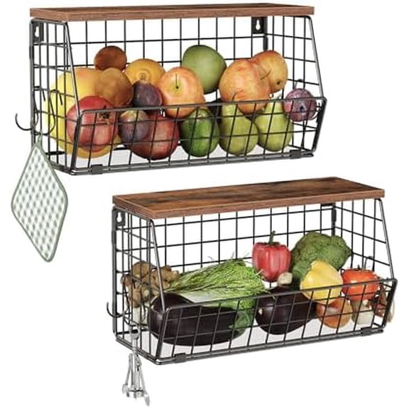 2-Tier Fruit Basket for Kitchen, Stackable wire basket with Wooden Lid, Hanging Basket with 4 Banana Hanger Hooks, for Snack, Fruit, Vegetable Storage, Rustic Brown and Black TCW04P2BF