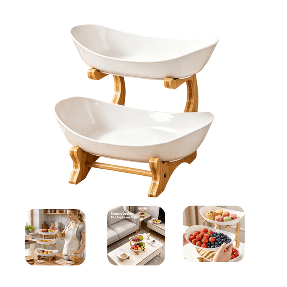 2 Tier Fruit Basket, White Ceramic Fruit Bowl for Kitchen Counter, Home Fruit Bowl Set with Holder, Fruit Serving Tray Snacks Nuts Bread Candy Storage Holder