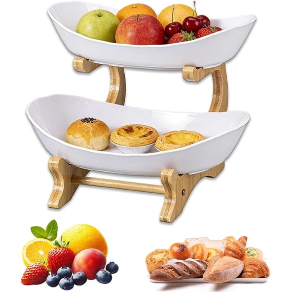 2 Tier Fruit Basket, White Ceramic Fruit Bowl for Kitchen Counter, Home Fruit Bowl Set with Holder, Fruit Serving Tray Snacks Nuts Bread Candy Storage Holder