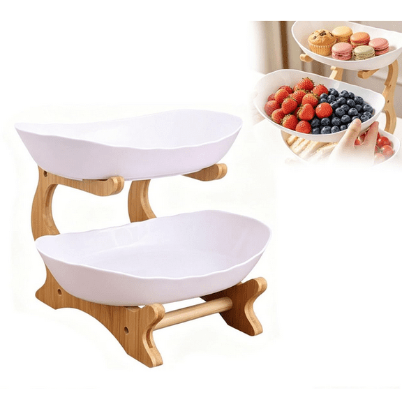 2 Tier Fruit Basket, White Ceramic Fruit Bowl for Kitchen Counter, Home Fruit Bowl Set with Holder, Fruit Serving Tray Snacks Nuts Bread Candy Storage Holder