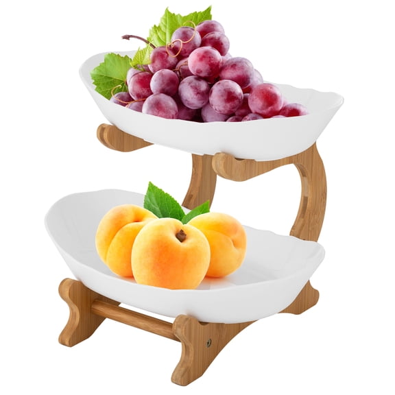 2-Tier Fruit Basket - White Plastic Kitchen Counter Fruit Bowl for Vegetables, Snacks & Decorative Display
