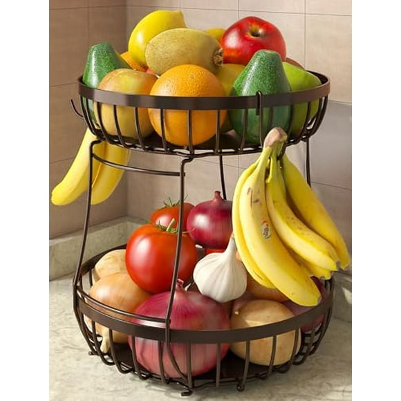 2 Tier Fruit Basket for Kitchen Counter with 2 Banana Hangers, Metal Stackable Fruit Bowl for Kitchen Counter for Bread Vegetable Fruits, Brown