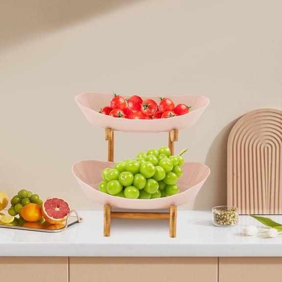 2 Tier Fruit Bowl Bamboo & PP Fruit Basket Stand, Modern Two-Tier Serving Tray for Kitchen Counter & Dining TableBeige