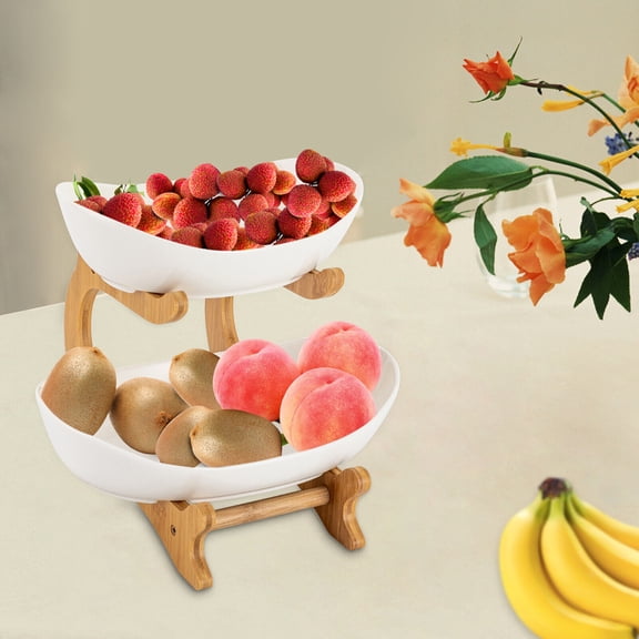 2 Tier Fruit Bowl Basket Bamboo Ceramic Fruit Storage Bowl Tray for Kitchen Counter Fruit Vegetable Storage Organizer Decorative Fruit Stand Rack for Snack Dessert Vegetable (White)