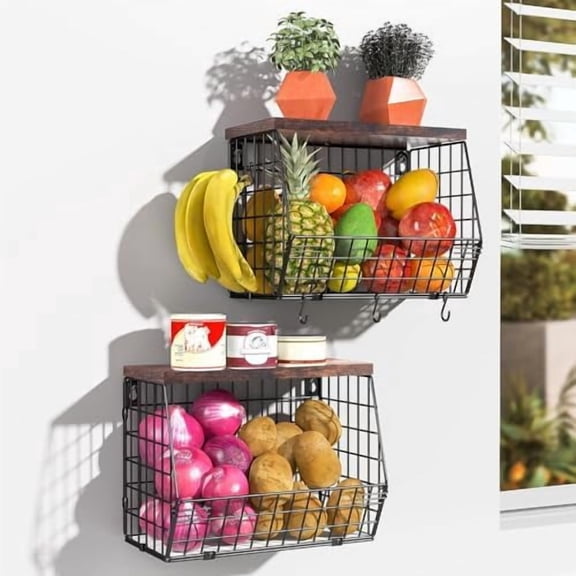 2 Tier Fruit Bowl Fruit Basket for Kitchen Counter Stackable Wall Mounted Hanging Basket Wire Baskets with Wood Lid with 4 Banana Hanger Hooks, Onion Basket, Fruit and Vegetable Storage