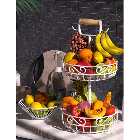2-Tier   and Fruit Bowl - Fruit and Vegetable Storage with Banana Tree Hanger and Wood Handle, Fruit Basket for Kitchen Counter, for Bread Onions Potatoes Veggies Produce