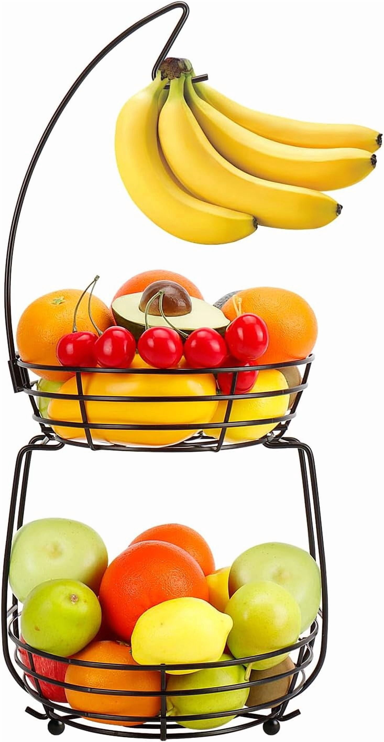 2 Tier Fruit Bowl, Stackable Fruit Basket-Vegetable Holder, Large Capacity Thick Metal Wire Basket with Banana Hanger, Kitchen Countertop Fruit Veggies Storage, Black