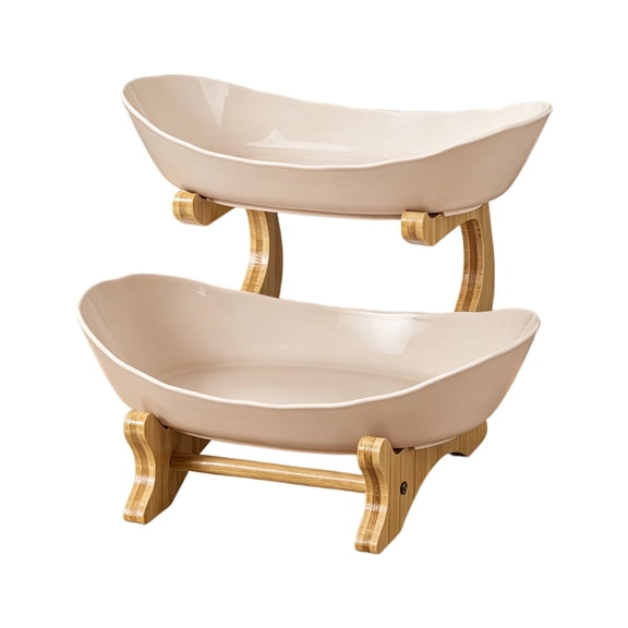 2 Tier Fruit Bowl Stand with Bamboo Wood Rack, Large Countertop Fruit Basket for Vegetables, Snacks, Bread, Dessert Display Tray Organizer for Kitchen Counter Party Wedding Decor