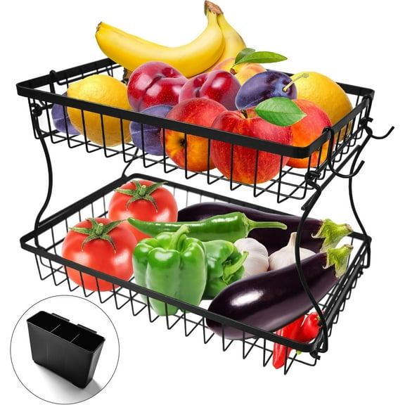 2 Tier Fruit Bowl Vegetable Basket with Banana Hanger for Kitchen Counter, Tiered Fruit Basket for Kitchen Countertop, Stainless Steel Fruit or Vegetable Holder for Organzier or Storage