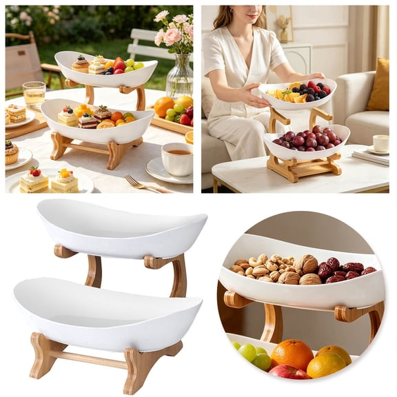 2 Tier Fruit Bowl with Wood Stand for Kitchen Counter, Porcelain Fruit Basket for Vegetable Storage, Snack Dessert Cake Tray Plate Rack for Party Wedding, White