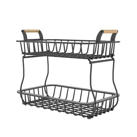 2 Tier Fruit Storage Basket Kitchen Countertop Organizer with Wooden Handle Mesh Carbon Steel Bowl for Bread Vegetable Fruit Basket Detachable Metal Rectangular Wire Basket