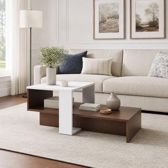 2-Tier Geometric Coffee Table with Storage Shelves, Modern Center Table Cocktail Tea Table for Living Room,White & Brown