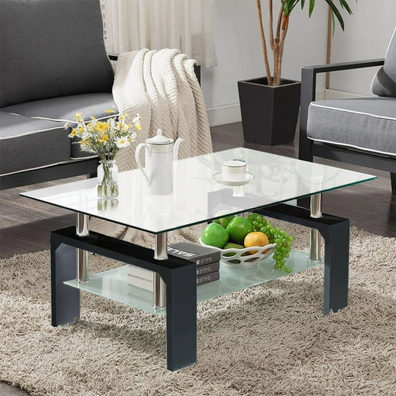 2-Tier Glass Coffee Table, Rectangle Open Shelf Coffee Accent Table, Living Room Table with Glass Shelf, Large Storage Space Cocktail Table, Center Table with Metal Legs for Home Office, B1264