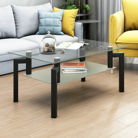 2-Tier Glass Coffee Table, Rectangle Open Shelf Coffee Accent Table, Living Room Table with Glass Shelf, Large Storage Space Cocktail Table, Center Table with Wooden Legs for Home Office, B1258