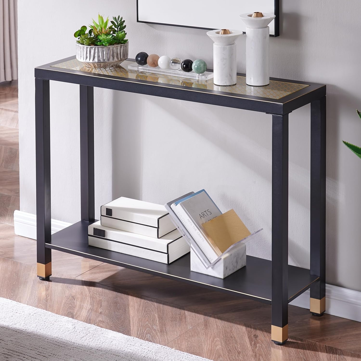 2-Tier Glass Entryway Console Table, Narrow Sofa Table with Storage Shelf, Tempered Glass Foyer Table with Gold & Black Metal Frame, Modern Accent Table for Hallway Living Room Corridor Office