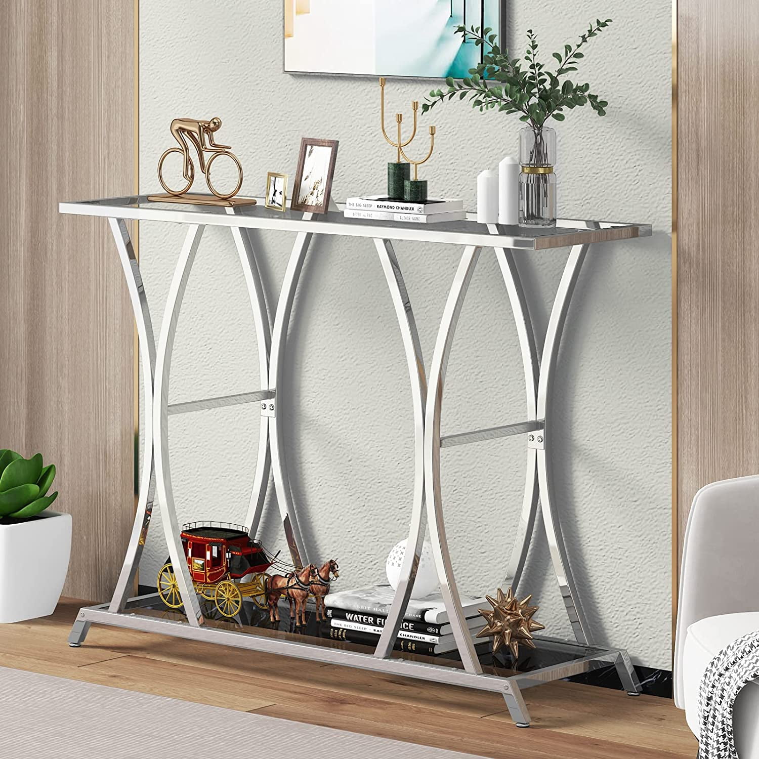 2-Tier Glass Entryway Table, Console Tables for Entryway with Chrome ...