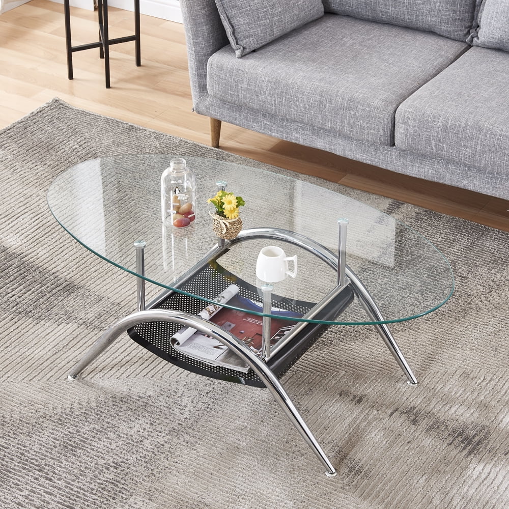 2 Tier Glass Sofa Table Oval Coffee Table with Shelf for Living Room ...