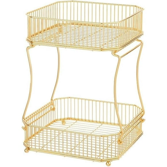 2 Tier Gold Countertop Fruit Basket Bowl for Kitchen Metal Wire Storage Rack Fruits Stand Holder Organizer for Bread Snack Veggies (A)