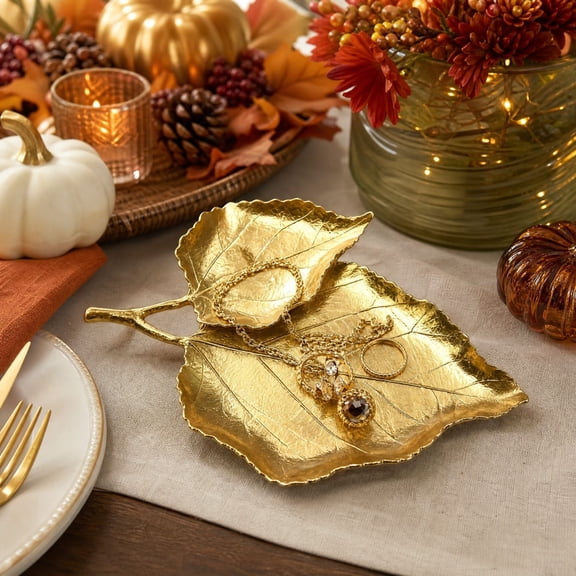 2 Tier Gold Metal Leaf Decorative Tray, Double Layer Leaf Trinket Storage Display, Elegant Tabletop Organizer for Coffee Table Console Living Room Home Decor, Modern Accent