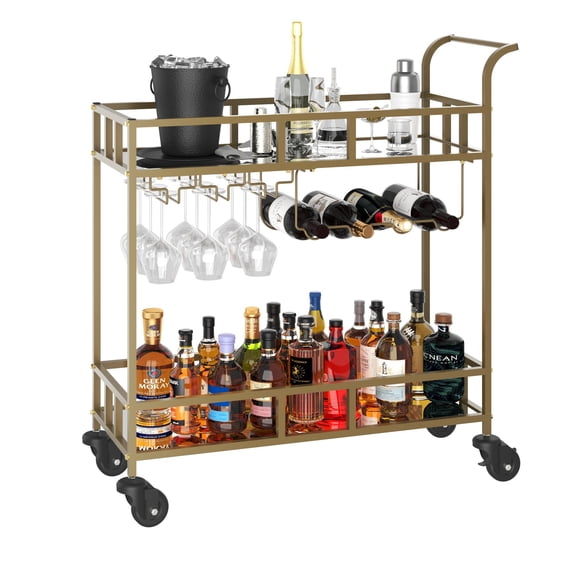 2-Tier Gold Portable Bar Cart with Mirrored Shelves Rolling Service Trolley with Wine Rack & Glass Holder Compact Beverage Serving Furniture for Home, Dining & Living Room