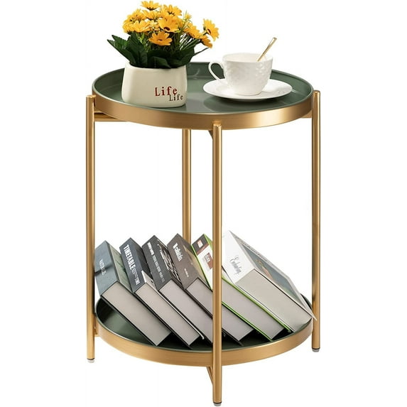 2 Tier Gold Side Table, Folding Round Metal End Table Small Nightstand with Two Removable Tray for Bedroom Living Room Bedside Small Spaces Gold + Dark Green