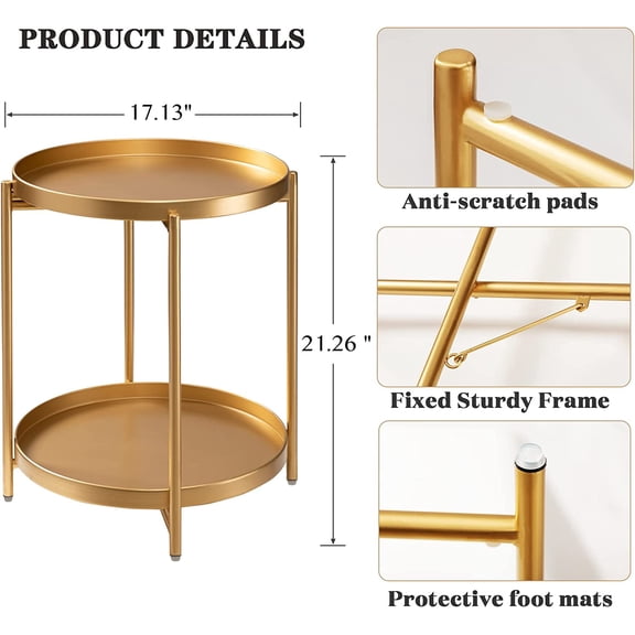 2 Tier Gold Side Table, Folding Round Metal End Table Small Nightstand with Two Removable Tray for Bedroom Living Room Small Spaces Bedside Gold