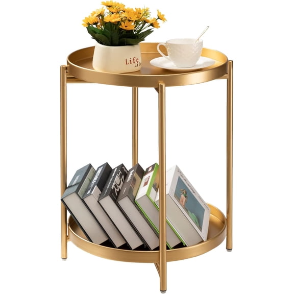 2 Tier Gold Side Table, Folding Round Metal End Table Small Nightstand with Two Removable Tray for Bedroom Living Room Small Spaces Bedside Gold