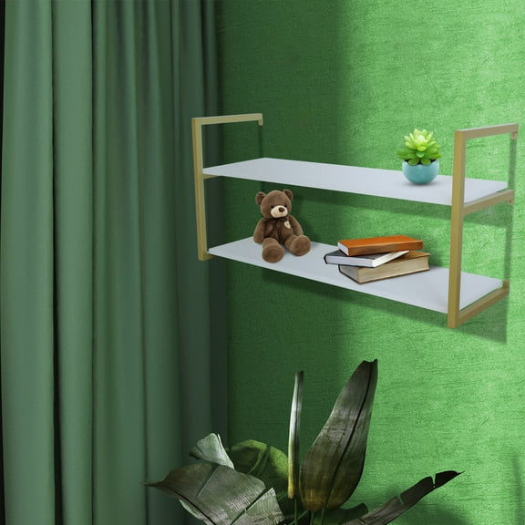 2 Tier Gold Wall Mounted Floating Shelf, Industrial Iron & Wood, Retro Style, Space-Saving Bookshelf for Home, Office, and Living Room