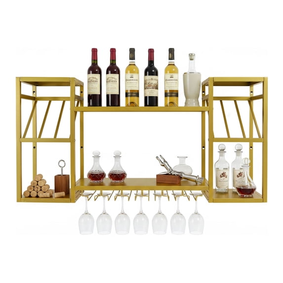 Metal Wine Rack Storage 2-Tier Gold Wall Mounted Wine Rack, Metal Floating Shelf, Liquor Bottle ...