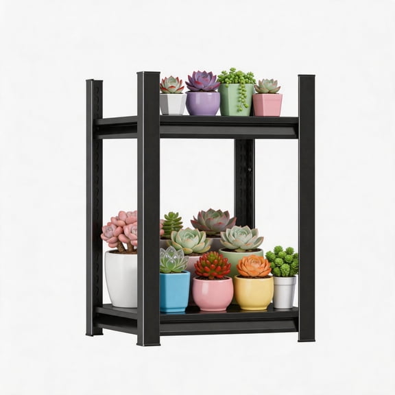 2-Tier Green Plant Storage Rack, 16"W*12"D*22"H, Black Flower St&, 1000 lbs Load-Bearing, 2-Layered Panels + Thickened Columns, Home, Balcony, Entrance & Courtyard Universal