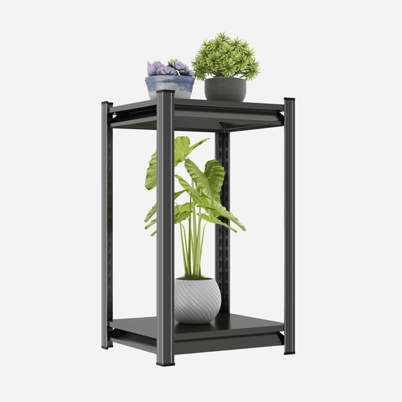 2-Tier Green Plant Storage Rack, 16"W*16"D*22"H, Heavy-Duty Metal Flower Pot Storage Rack, 1000lb, 2-Layered Panels, Thickened Columns, Adjustable, Suit for Balcony Entrance & Courtyard Black