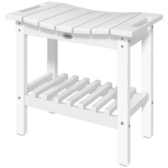 2-Tier HDPE Indoor/Outdoor Bench Stool, 265lbs Weight Capacity, Waterproof Shower & Garden Seat with Storage Shelf, White Wood-Like Texture, Easy Assembly