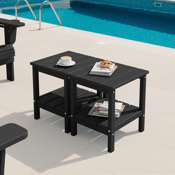 2-Tier HDPE Outdoor Side Tables Set of 2, Weatherproof Rectangular Adirondack Side Table, Black