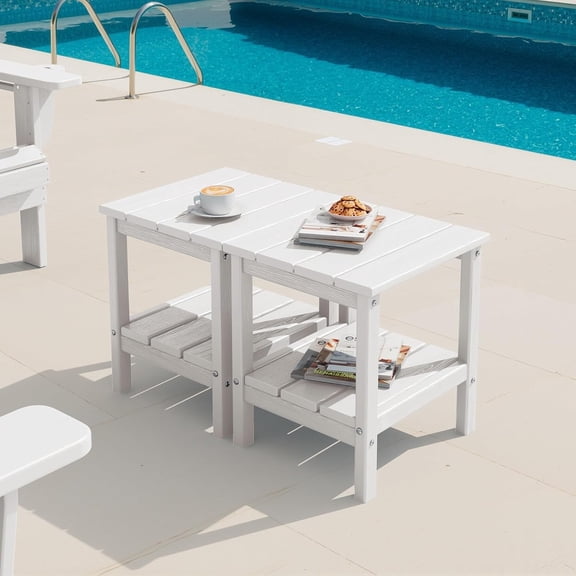 2-Tier HDPE Outdoor Side Tables Set of 2, Weatherproof Rectangular Adirondack Side Table, White