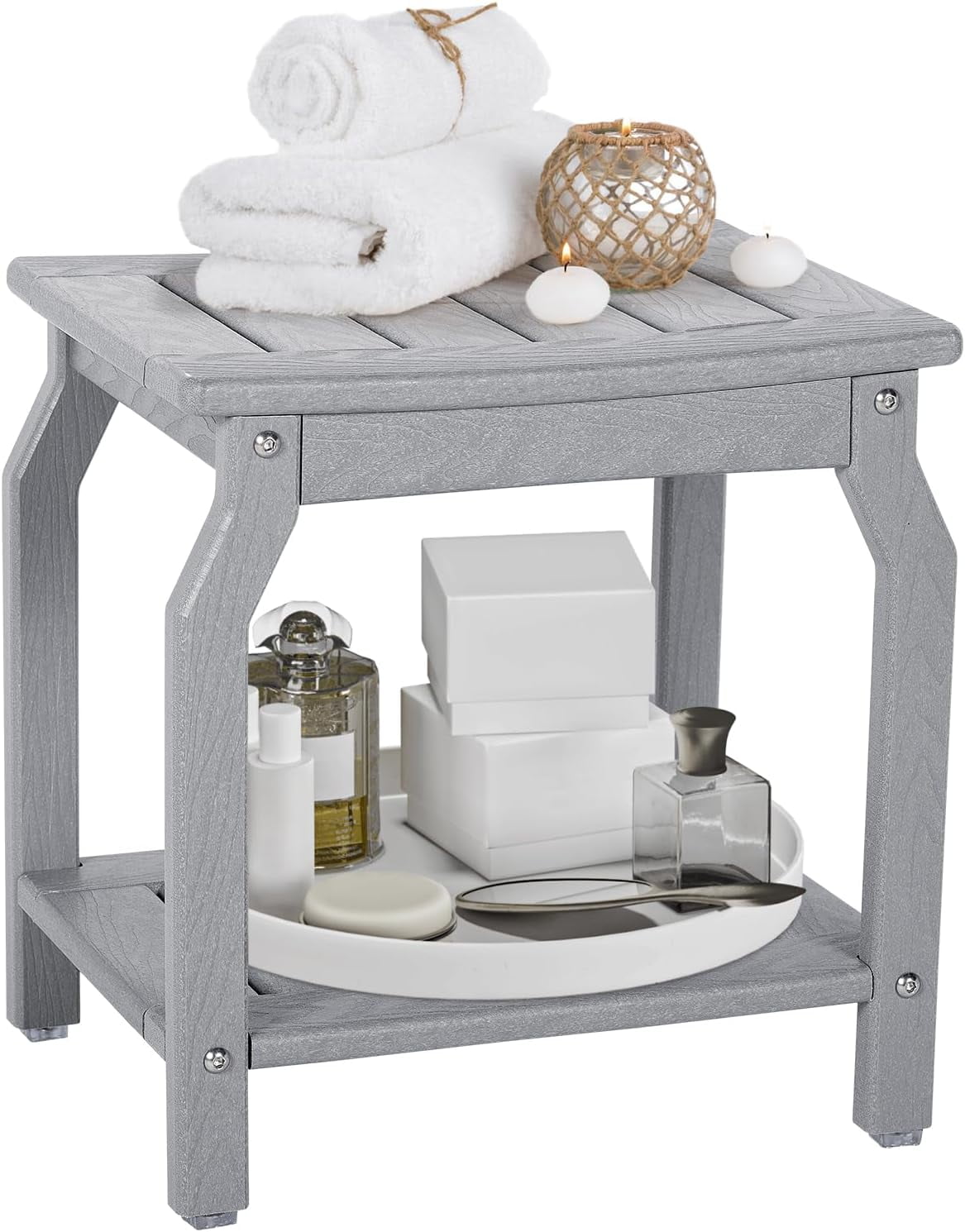 2-Tier Shower Bench with Non-Slip Foot Pads, Wood-Like Spa Shower Stool for Inside Shower ...