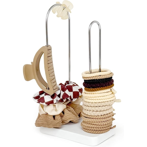2-Tier Hair Tie Organizer, Modern Scrunchies Storage Tower Holds 30-50 Hair Accessories, Claw Clip Holder, Fashion Countertop Display Stand for Women & Girls(White)