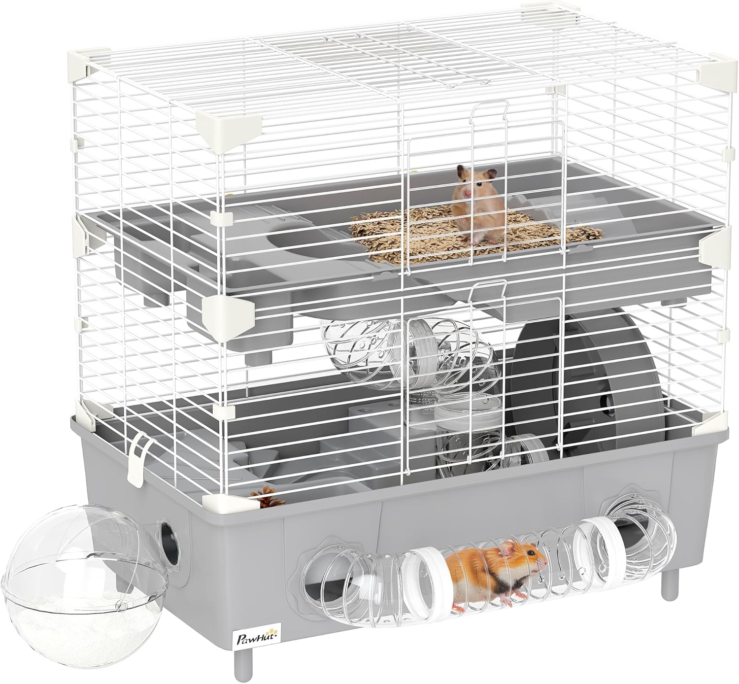 2-Tier Hamster Cage, Small Animal Cage with Running Wheel, Tubes, Sand ...