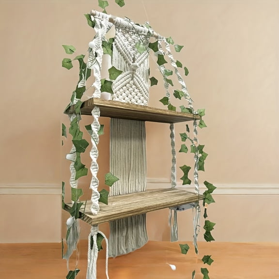 2-Tier Handmade Boho Macrame Shelf with LED & Green Vines - Wall-Mounted Wood Hanging Shelves, No Assembly, for Home Storage Cottagecore Decor Bohemian Room Entryway, Floating Shelves