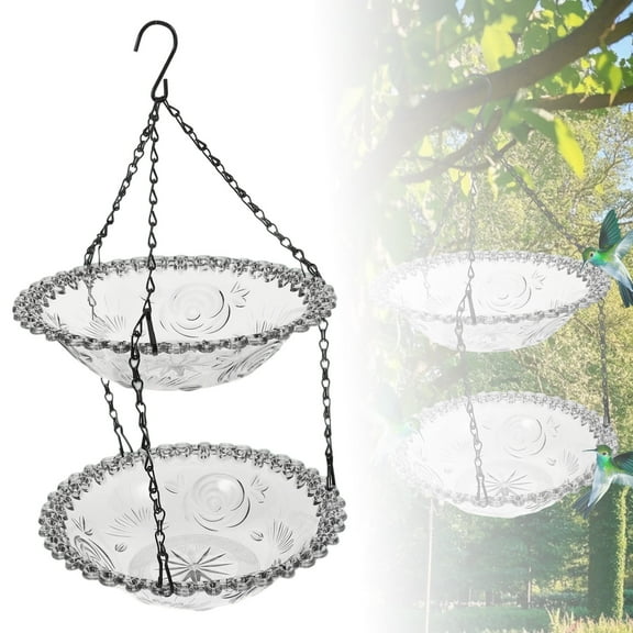 2 Tier Hanging Bird Bath & Feeder for Outdoors - Bird Water Bowl with Hook and Chain, Durable Birdbath Tray for Backyard, Patio, Garden Decor, Attracts Wild Birds