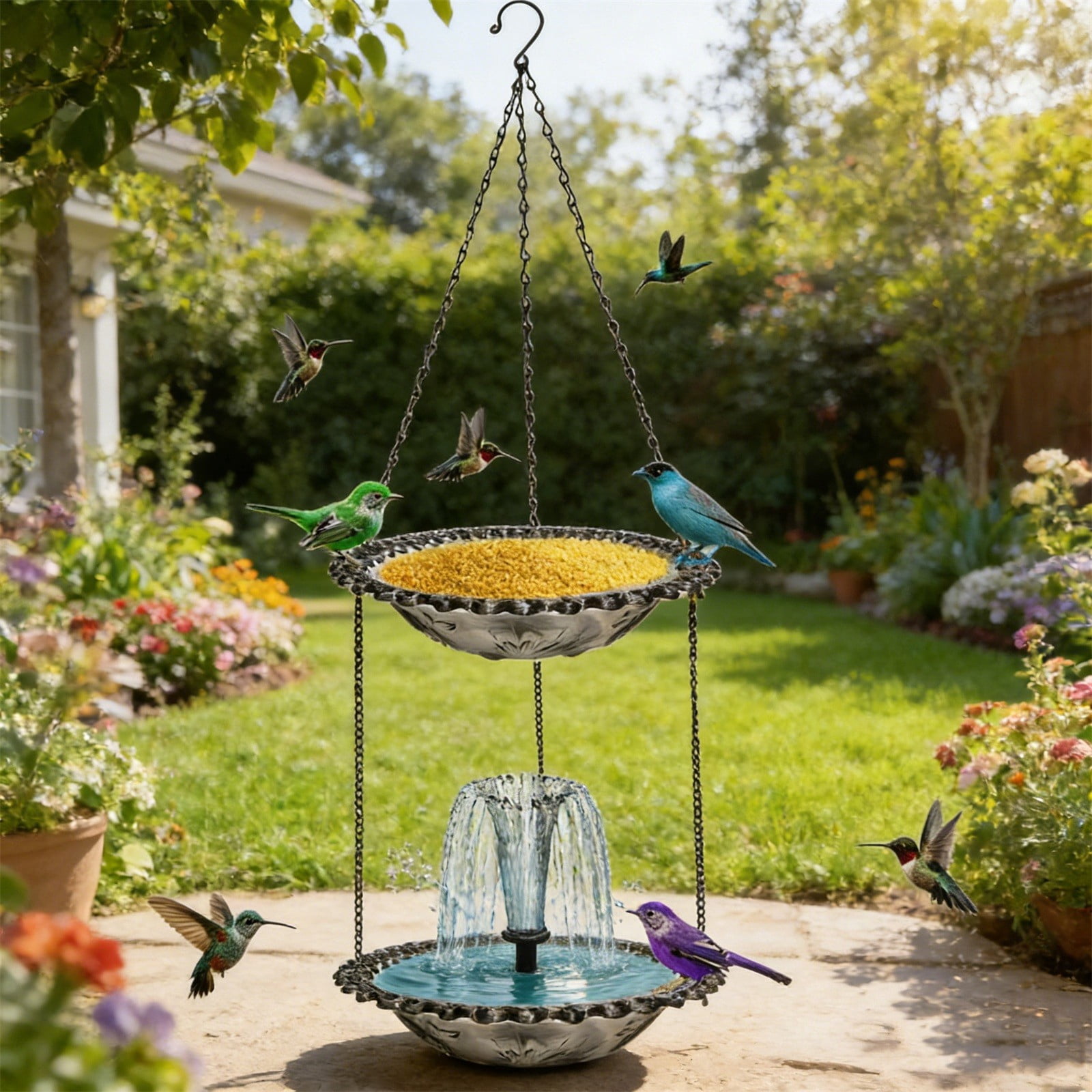 2-Tier Hanging Bird Feeder & Bird Bath, Plastic Hanging Bird Bath for Outside, Outdoor Bird Water Bowl for Garden Yard Patio Decor (Dark Gray)