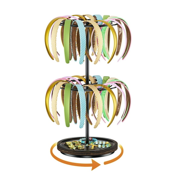 2 Tier Headband Holder Organizer for Women, 360 Rotating Headband Storage Rack, Metal Headband Display Stand with Wooden Rotating Base, Modern Hair Hoop Organizer for Room Decor