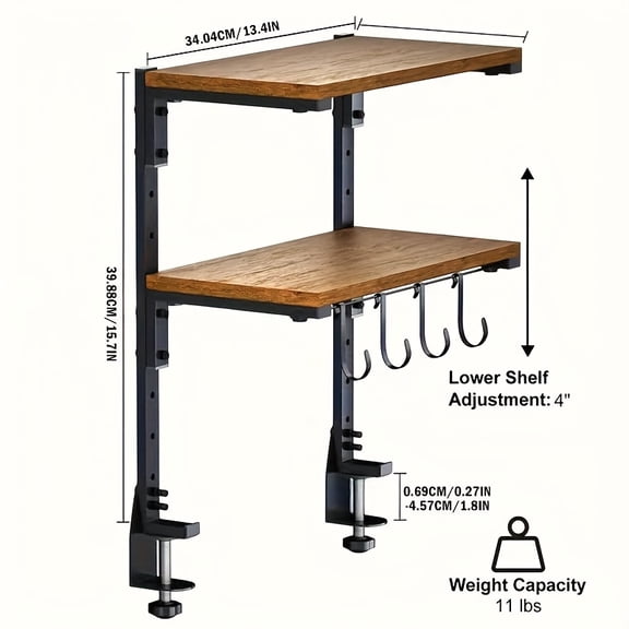 2-Tier Heavy-Duty Adjustable Desktop Storage Shelf - Space-Saving Organizer with Buckle Assembly, Carbon Steel frame & Rustic Brown Finish, for Home Office, Desk, Workshop