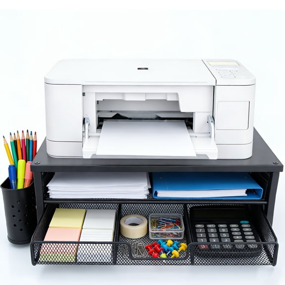 2-Tier Heavy-Duty Metal Printer Stand with Storage Drawer & Pen Holders - Desktop Organizer for Printer, Fax, Scanner & Files - Space-Saving Black Office Desk Table for Home Workspaces