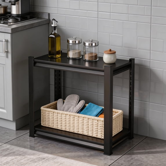 2-Tier Heavy Duty Metal Storage Shelf 16"W x 10"D x 22"H Black, 1000LBS Capacity Adjustable Steel Shelving Unit with Double-Layer Panels & Thickened Columns for Home Kitchen Commercial Office