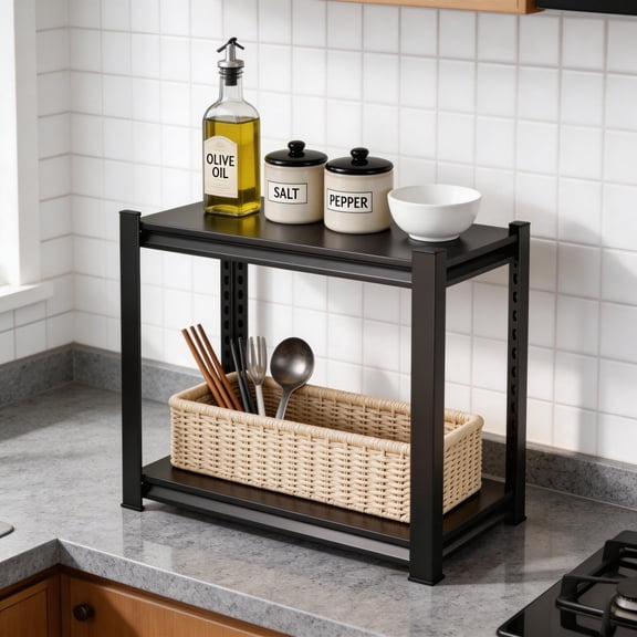 2-Tier Heavy Duty Metal Storage Shelf 16"W x 12"D x 22"H Black, 1000LBS Capacity Adjustable Steel Shelving Unit with Double-Layer Panels & Thickened Columns for Home Kitchen Office Commercial Use