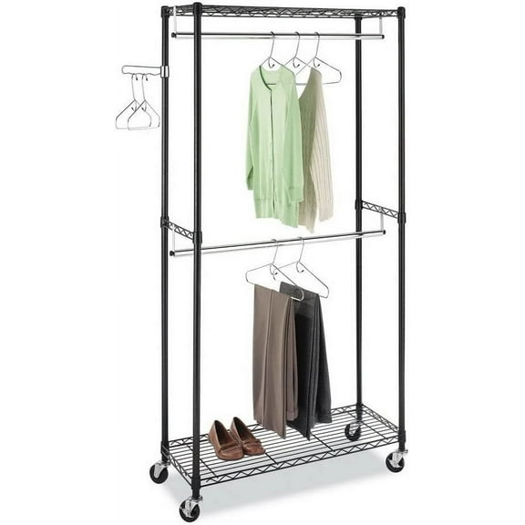 2-Tier Heavy Duty Rolling Garment Rack,Wire Shelving Clothes Rack for Clothing,Storage with Double Rods,Lockable Wheels (Black)