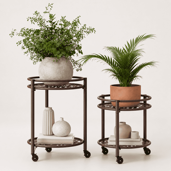 2 Tier Heavy Duty Rolling Plant Stand, 2 Pack Coffee | Indoor & Outdoor,150 lbs Capacity,Easy Move Cart,Balcony, Patio, Garden,Planter with Wheels