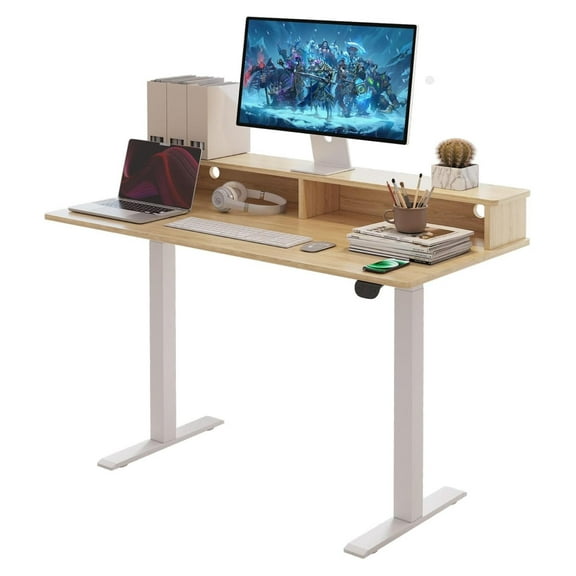 2-Tier Height Adjustable 45" Electric Standing Desk - Upgraded Ultra Durable Home Office Large Rectangular Computer Table or Laptop Sit Stand Workstation - Maple 4 FT