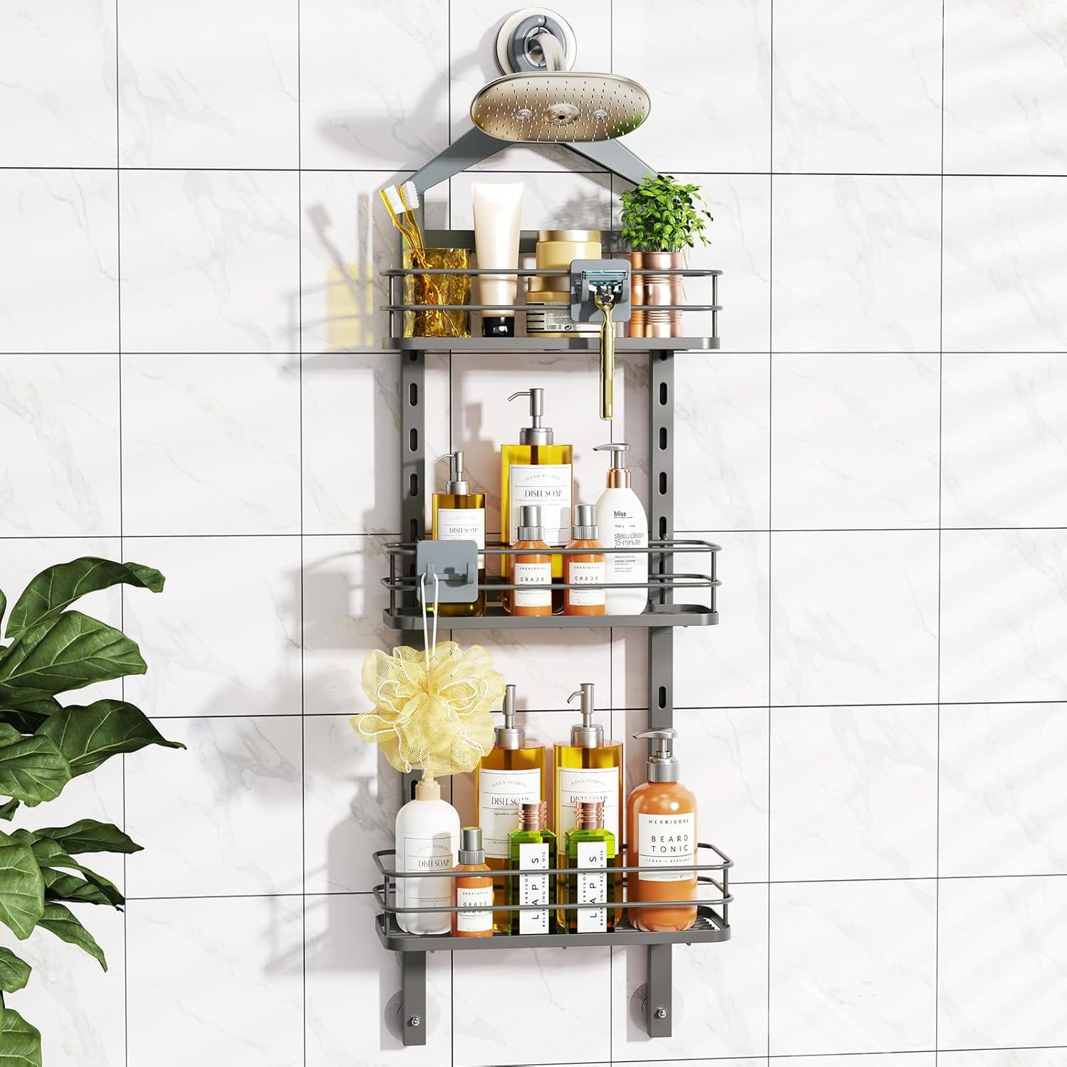2 Tier Height-Adjustable Shower Caddy Hanging Anti-Swing-Over The ...