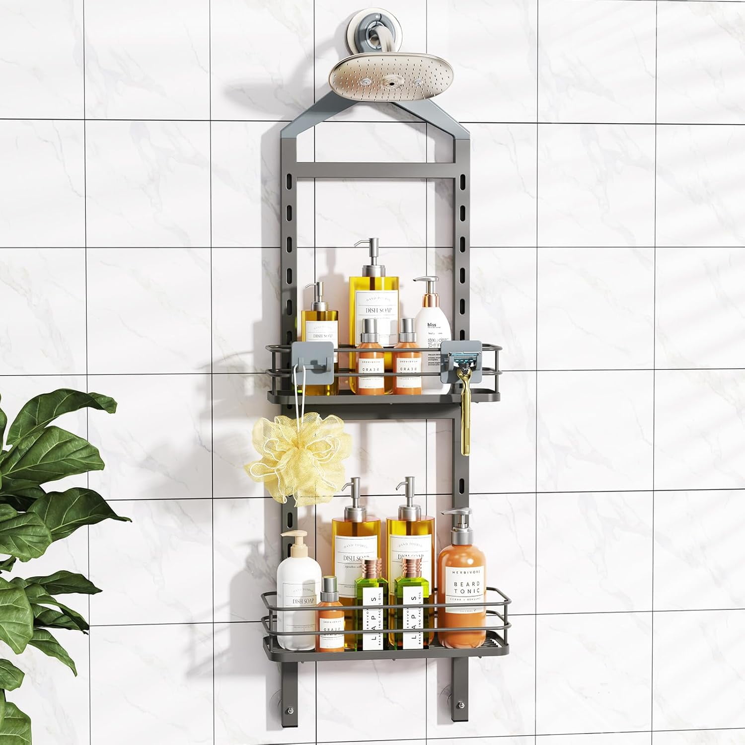 2 Tier Height-Adjustable Shower Caddy Hanging Anti-Swing-Over The ...